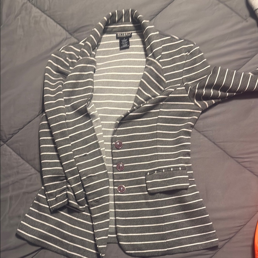 Zara Gray and White Cardigan with Striped Pattern and Wide Collar